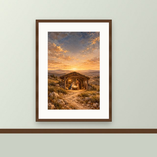 Stable on the Hill oil-style print, framed and hung on a painted wall above a wooden ledge