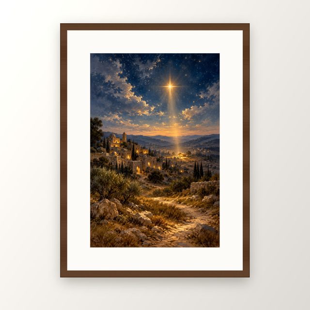 Star Over Bethlehem oil-style print, in a walnut frame with a white mat