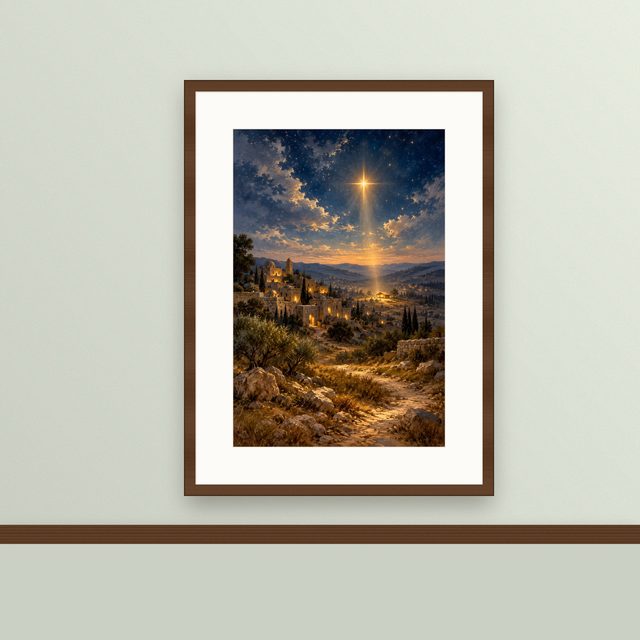 Star Over Bethlehem oil-style print, framed and hung on a painted wall above a wooden ledge
