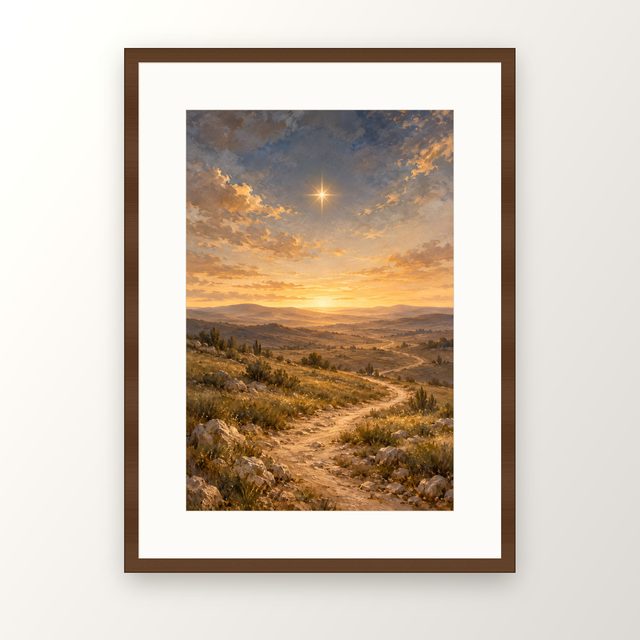 Star Over the Hills oil-style print, in a walnut frame with a white mat