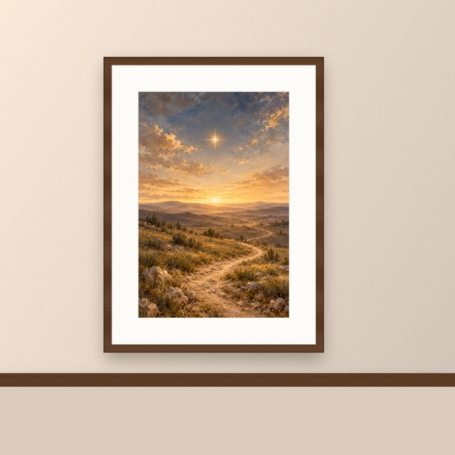 Star Over the Hills oil-style print, framed and hung on a painted wall above a wooden ledge
