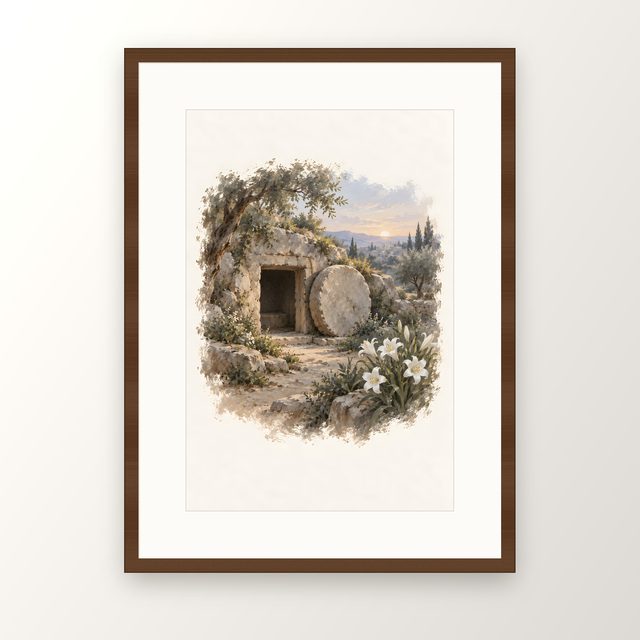 Stone Rolled Away, watercolor print, framed