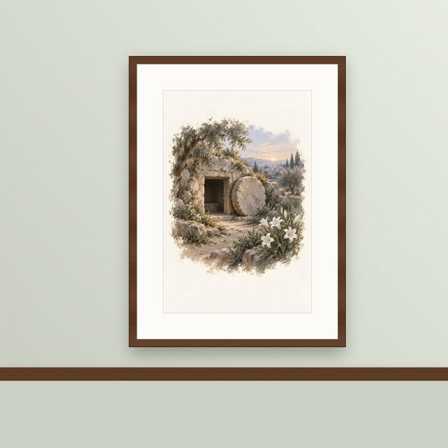 Stone Rolled Away, watercolor print, framed on a wall