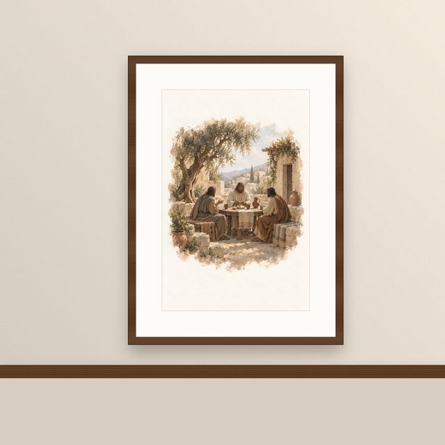 Supper at Emmaus, watercolor print, framed on a wall