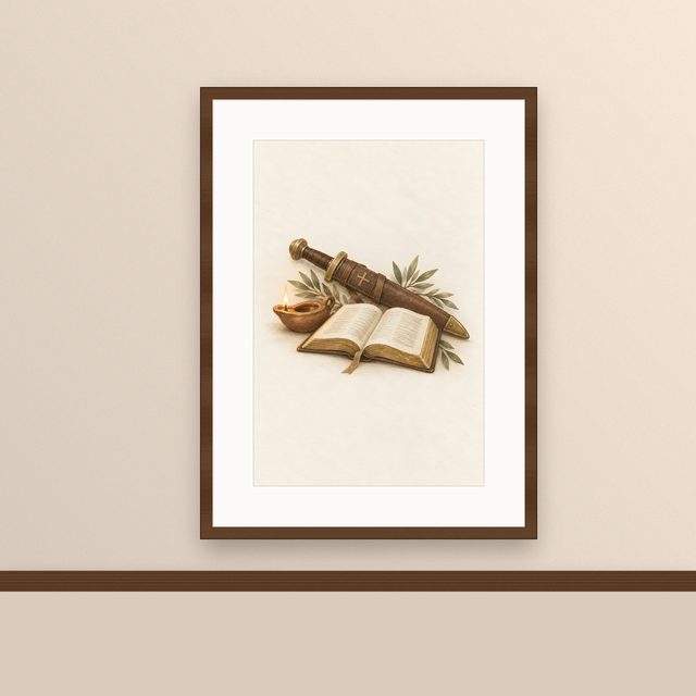 Sword of the Spirit, watercolor print, framed on a wall