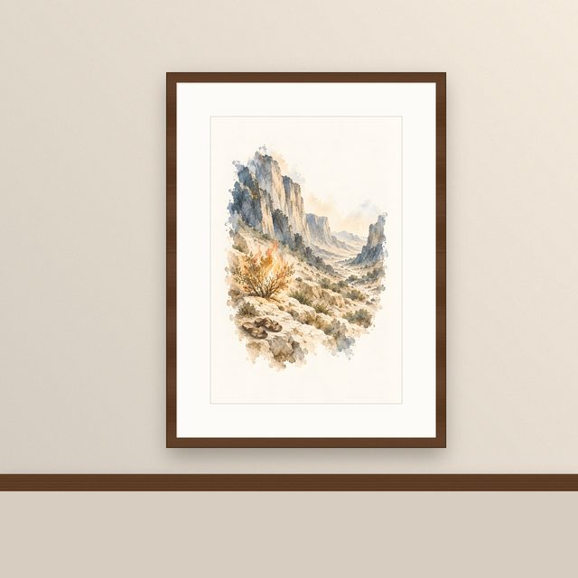 The Burning Bush, watercolor print, framed on a wall