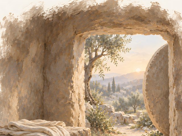 The Empty Tomb watercolor print, close-up of the watercolor painting