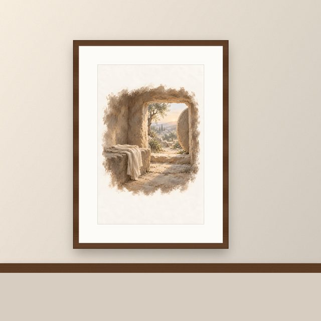 The Empty Tomb, watercolor print, framed on a wall