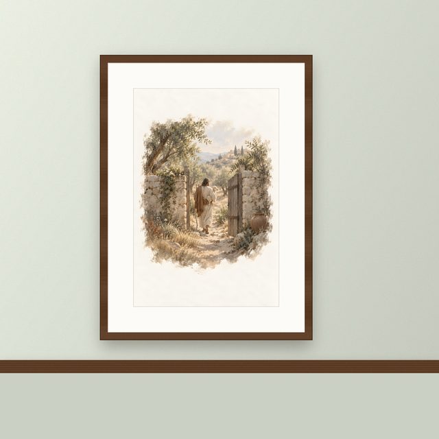 The Good Shepherd, watercolor print, framed on a wall