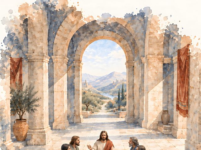 The Hall of Columns watercolor print, close-up of the watercolor painting