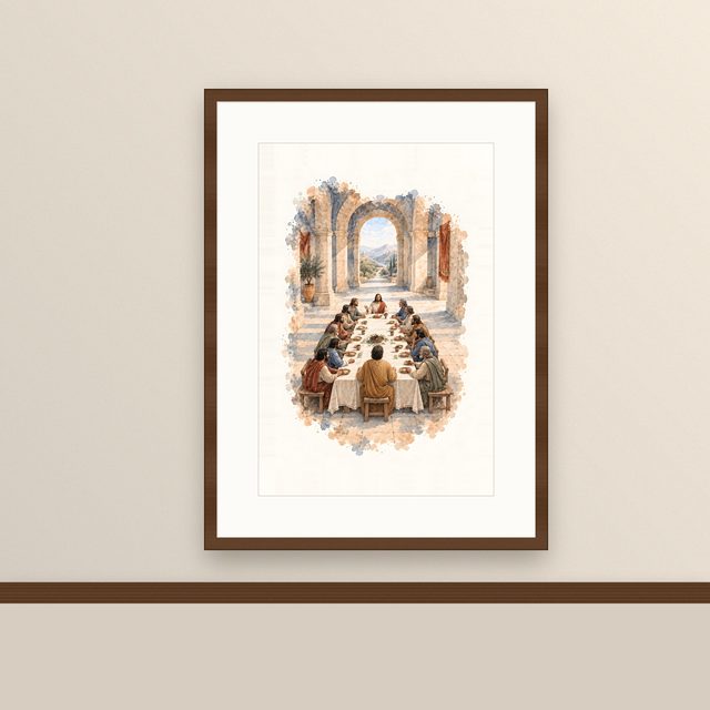 The Hall of Columns, watercolor print, framed on a wall