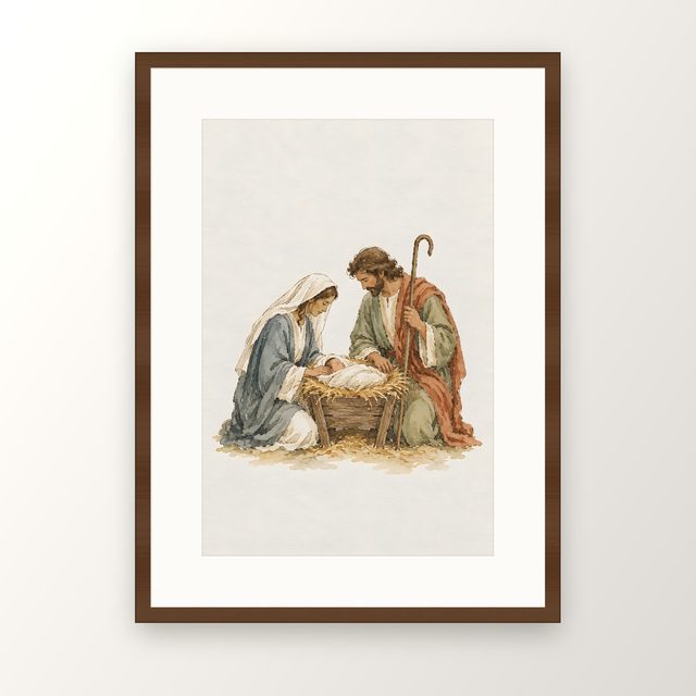The Holy Family, watercolor print, framed