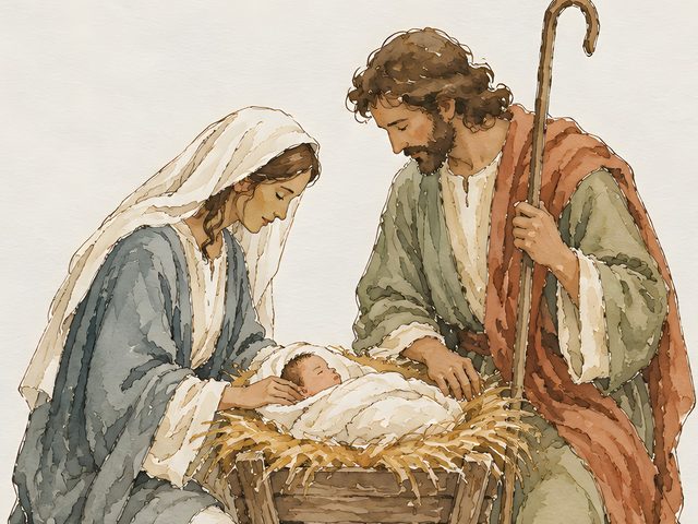 The Holy Family watercolor print, close-up of the watercolor painting
