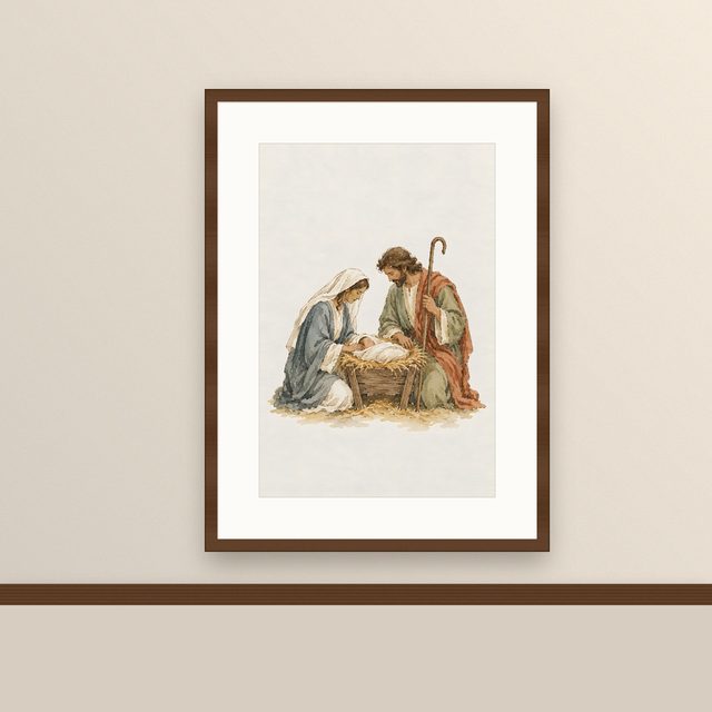 The Holy Family, watercolor print, framed on a wall