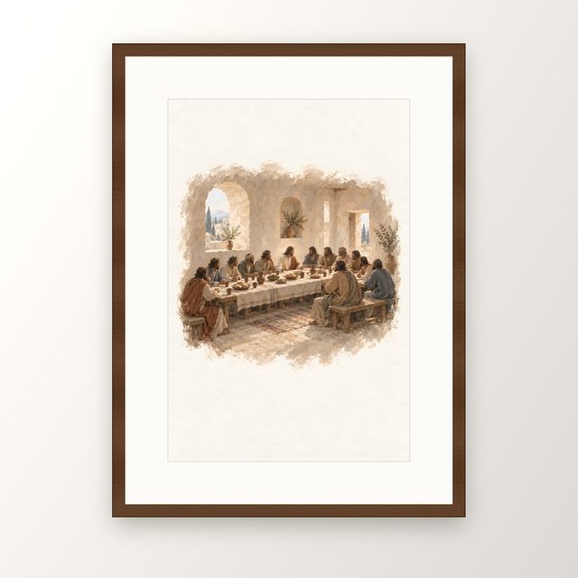 The Long Table, watercolor print, framed