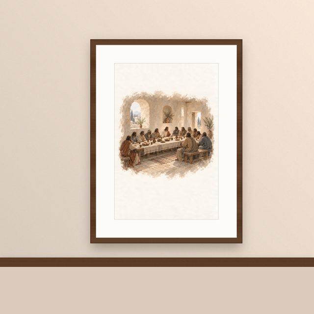 The Long Table, watercolor print, framed on a wall