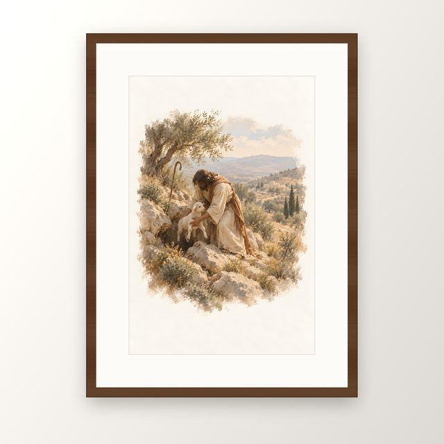 The Lost Sheep, watercolor print, framed