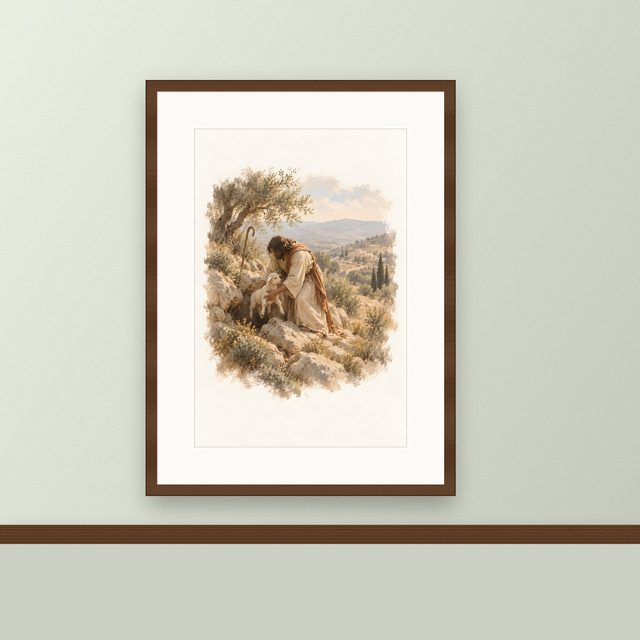 The Lost Sheep, watercolor print, framed on a wall