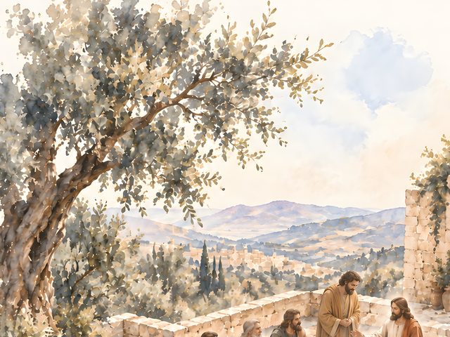The Olive Terrace watercolor print, close-up of the watercolor painting