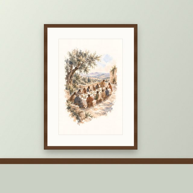 The Olive Terrace, watercolor print, framed on a wall