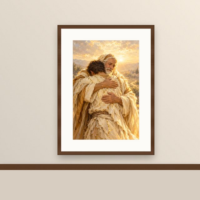 The Prodigal Son oil-style print, framed and hung on a painted wall above a wooden ledge