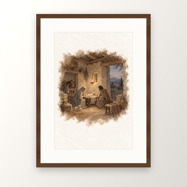The Stable at Night, watercolor print, framed