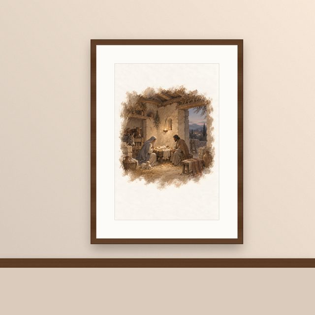 The Stable at Night, watercolor print, framed on a wall