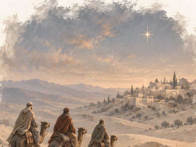 The Wise Men watercolor print, close-up of the watercolor painting