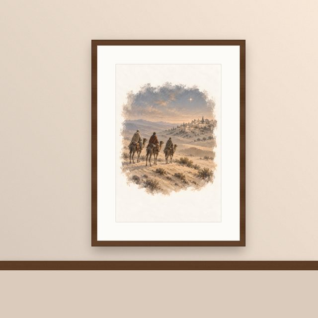 The Wise Men, watercolor print, framed on a wall