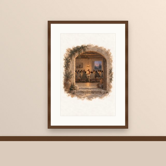 Through the Archway, watercolor print, framed on a wall
