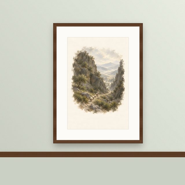 Through the Valley, watercolor print, framed on a wall