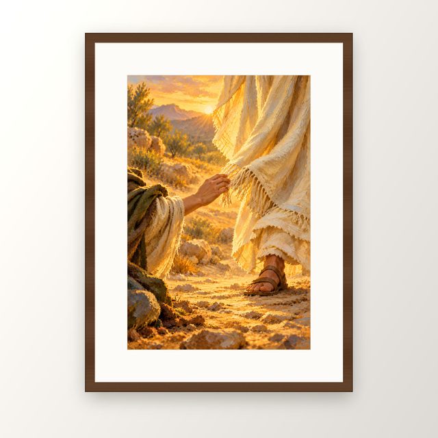 Touching His Garment oil-style print, in a walnut frame with a white mat