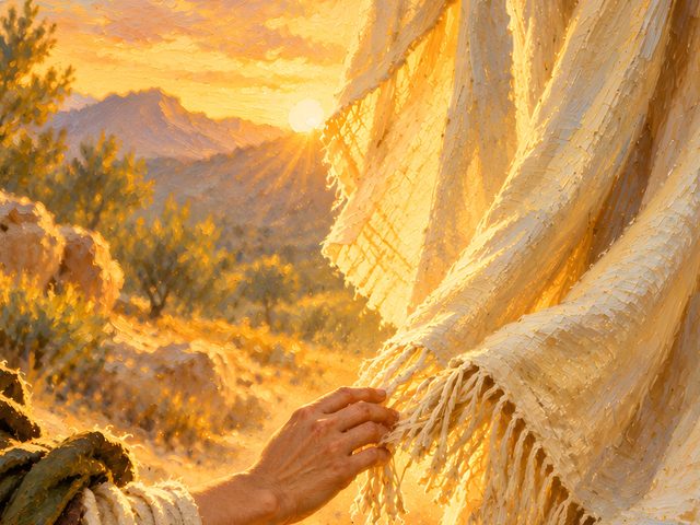 Touching His Garment oil-style print, close-up of the oil-style painting