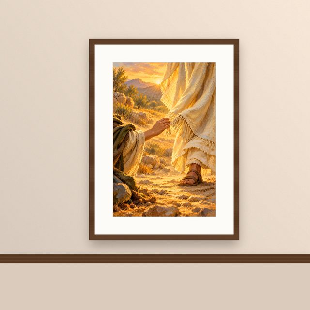 Touching His Garment oil-style print, framed and hung on a painted wall above a wooden ledge