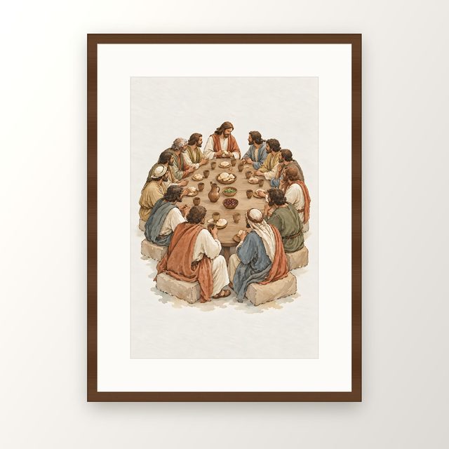 Twelve at the Table, watercolor print, framed