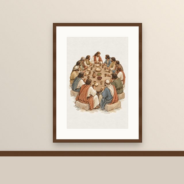 Twelve at the Table, watercolor print, framed on a wall