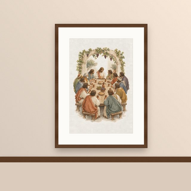Under the Grapevine, watercolor print, framed on a wall