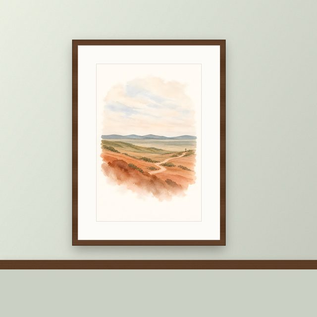 Valley Path, watercolor print, framed on a wall