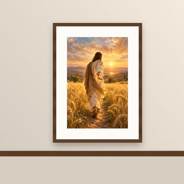 Walk With Me oil-style print, framed and hung on a painted wall above a wooden ledge