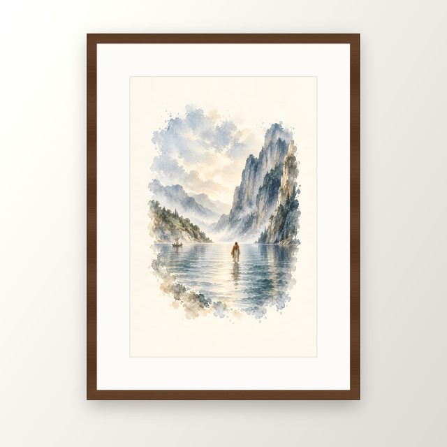 Walking on the Water, watercolor print, framed