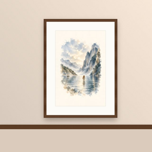 Walking on the Water, watercolor print, framed on a wall
