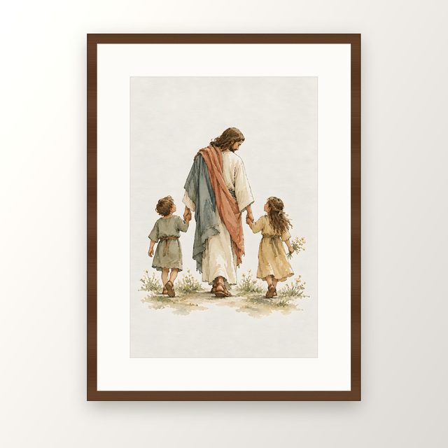 Walking With Children, watercolor print, framed