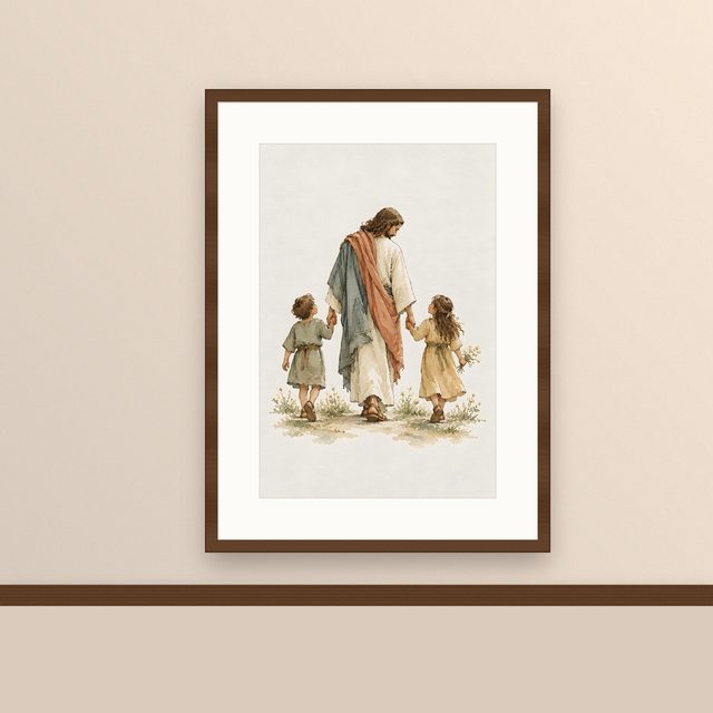 Walking With Children, watercolor print, framed on a wall