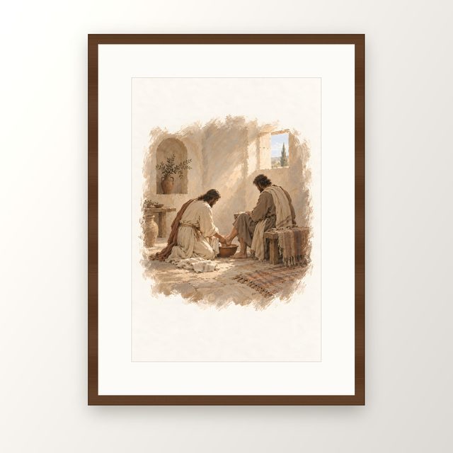Washing of the Feet, watercolor print, framed