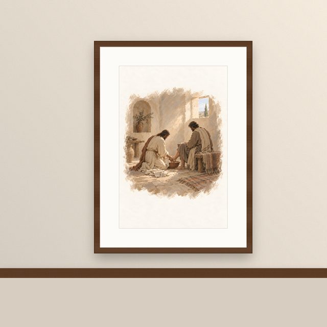 Washing of the Feet, watercolor print, framed on a wall