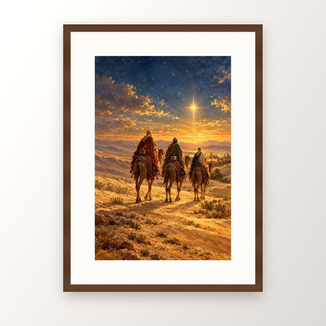 Wise Men Journey oil-style print, in a walnut frame with a white mat