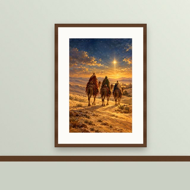 Wise Men Journey oil-style print, framed and hung on a painted wall above a wooden ledge