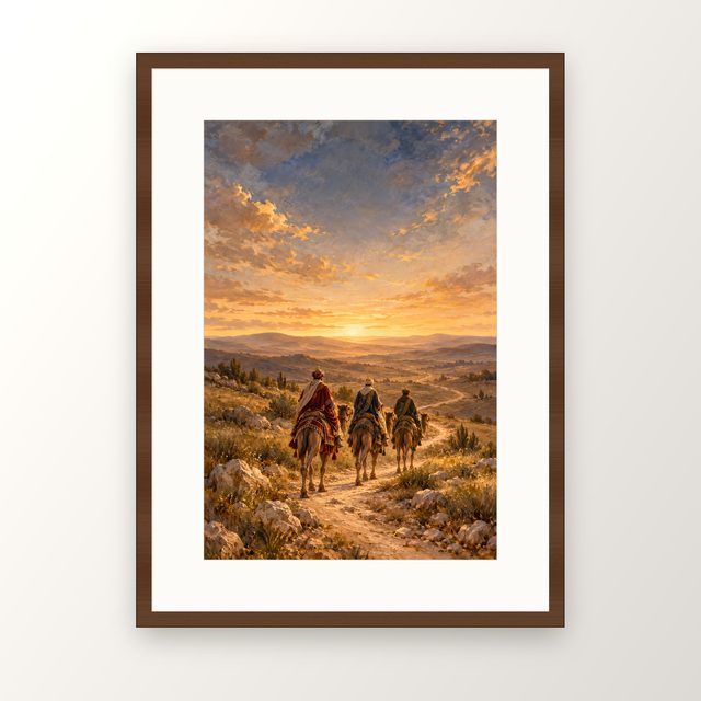 Wise Men Road oil-style print, in a walnut frame with a white mat