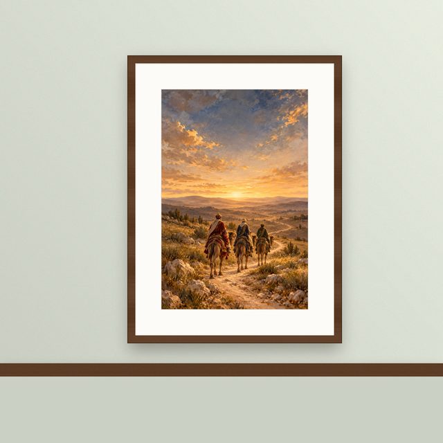 Wise Men Road oil-style print, framed and hung on a painted wall above a wooden ledge
