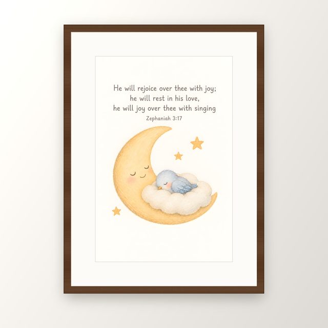 Moon and Little Bird, Zephaniah 3:17 watercolor print, framed